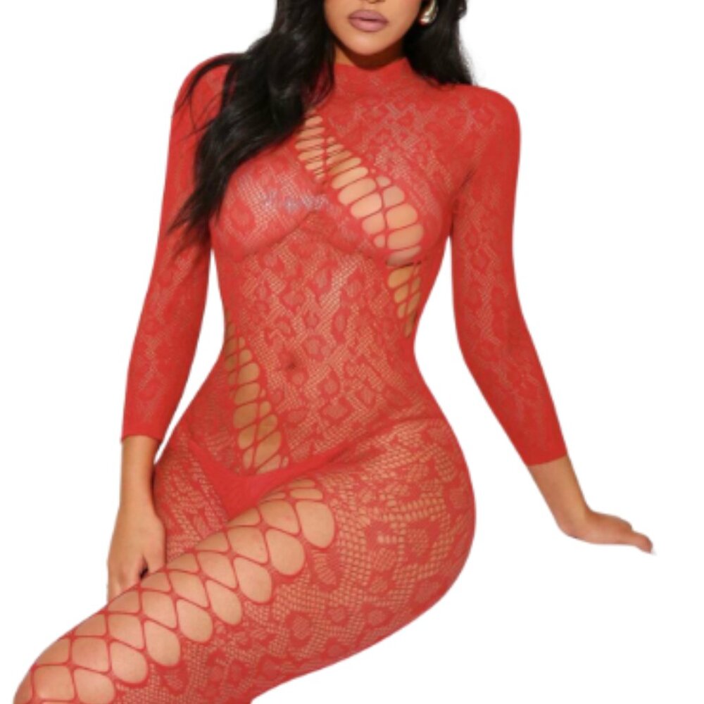 Elegant Red Sheer Lace Full Body Bodysuit with Open Back - Picture 3 of 5